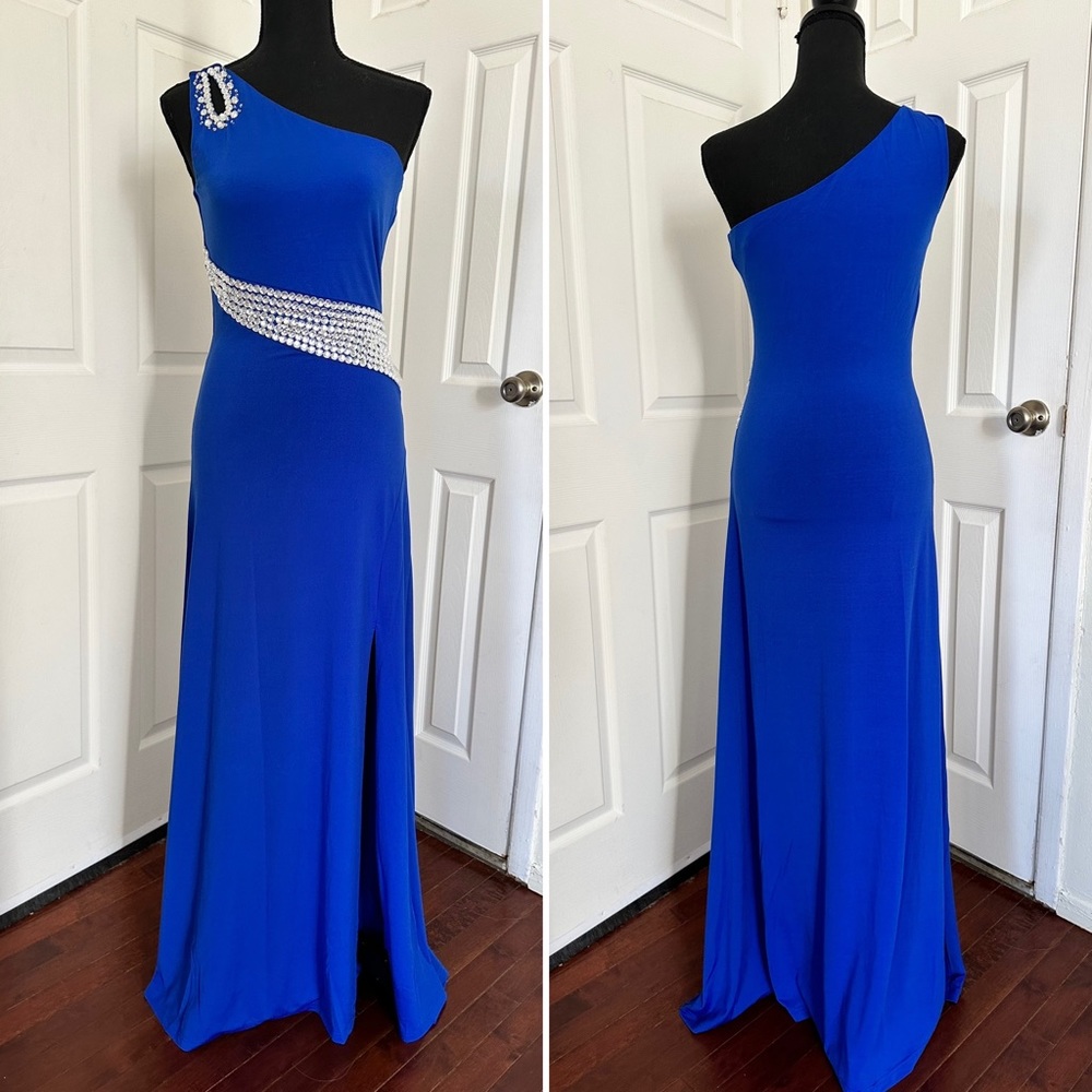 Angel Fashions One Shoulder Beading Split Hollow Out Long Evening Dress Blue
